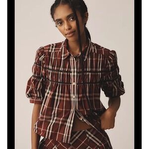 Maeve Plaid Leandra Blouse M Burgundy Puff Sleeve Smocked Babydoll Boho